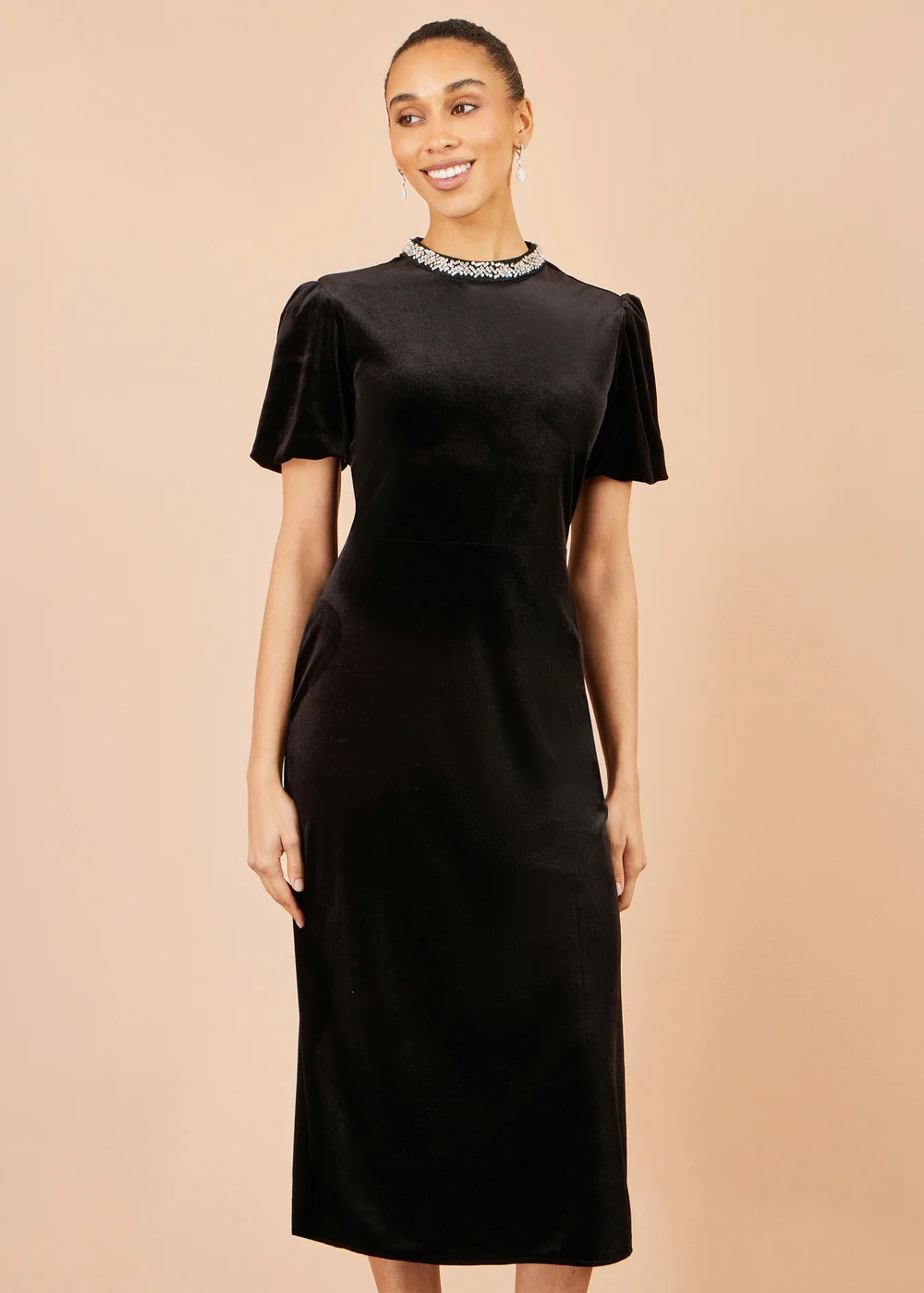 Yumi Black Velvet Embellised Neckline Midi Dress - 14 Image 1