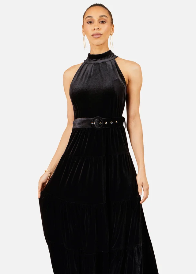 Yumi Black Velvet Halter Midi Dress With Belt