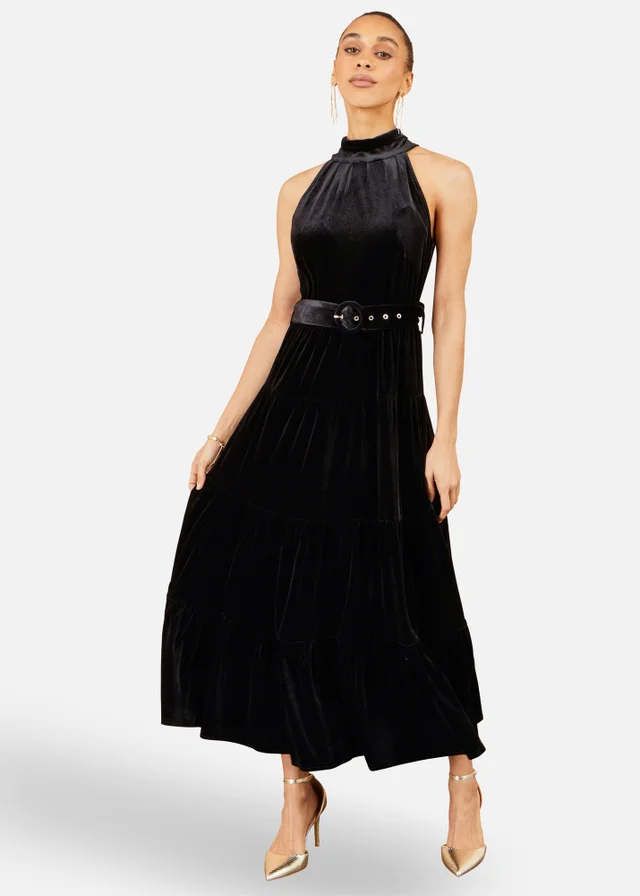 Yumi Black Velvet Halter Midi Dress With Belt