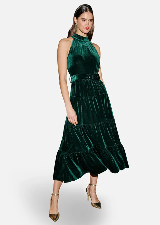 Yumi Green Velvet Halter Midi Dress With Belt