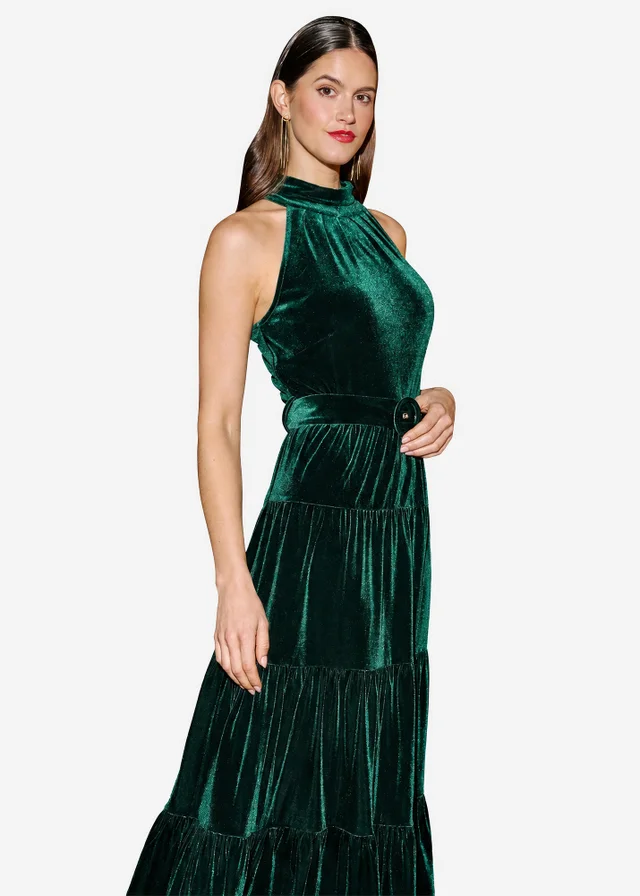 Yumi Green Velvet Halter Midi Dress With Belt