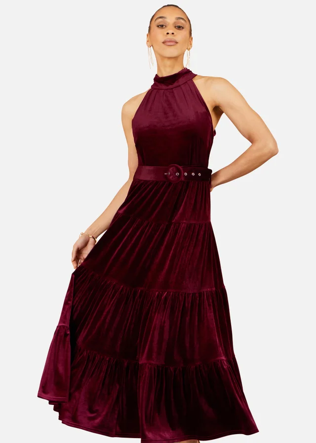 Yumi Burgundy Velvet Halter Midi Dress With Belt