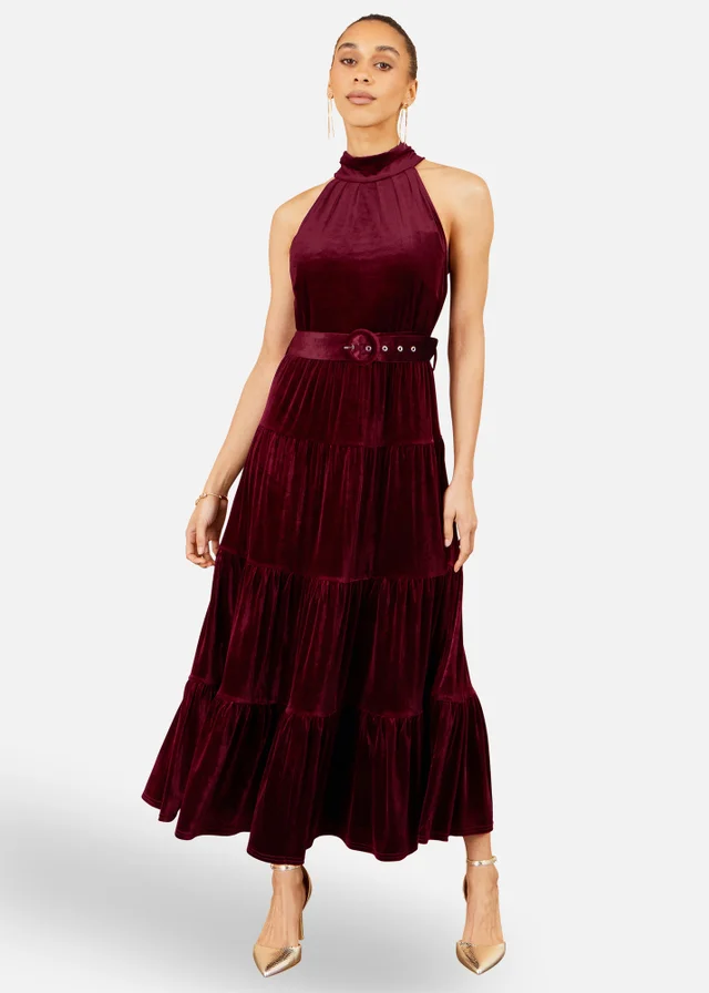 Yumi Burgundy Velvet Halter Midi Dress With Belt