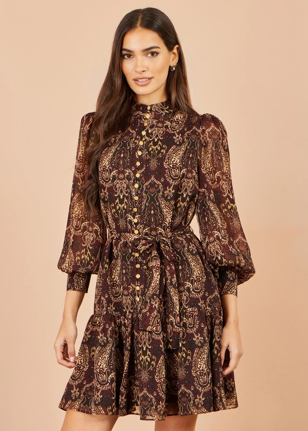 Yumi Brown Paisley Long Sleeve Shirt Dress - 16 Image 1