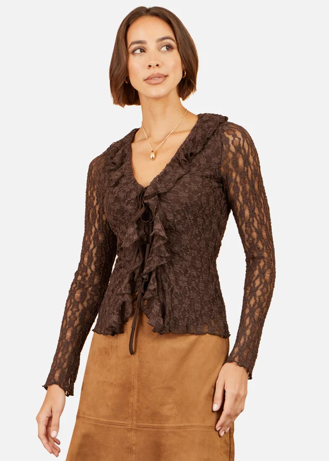 Yumi Brown Ruffle Lace Top
