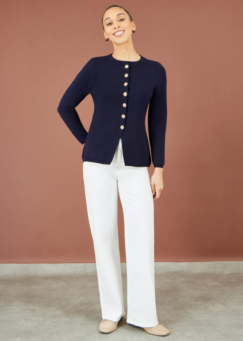 Yumi Navy Knitted Fitted Peplum Cardigan - L Image 2
