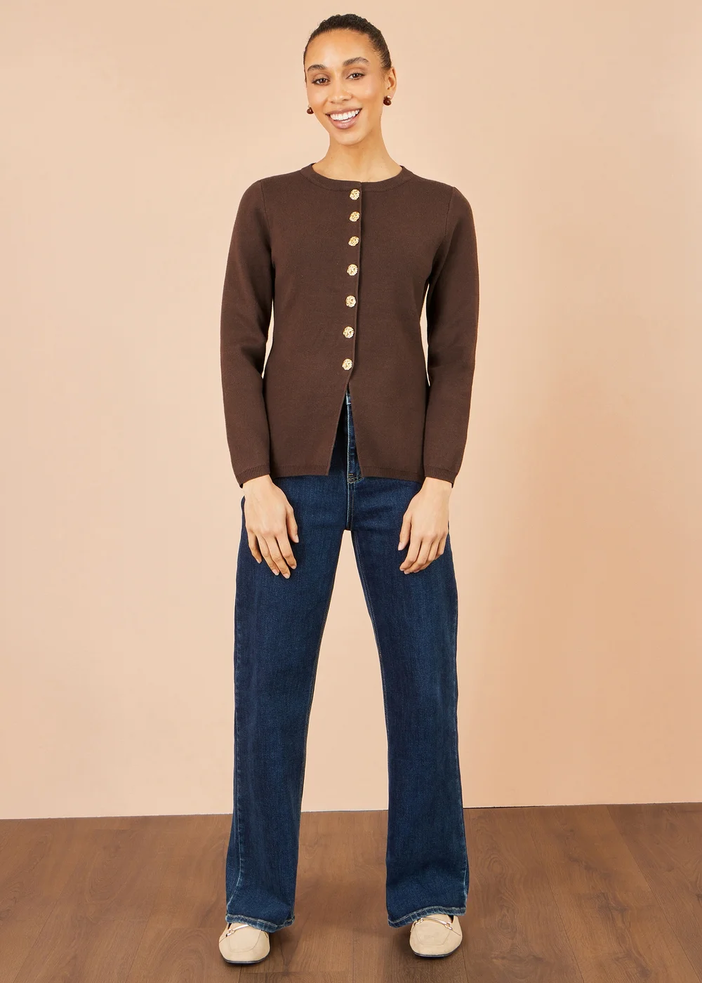 Yumi Brown Knitted Fitted Peplum Cardigan - M Image 2