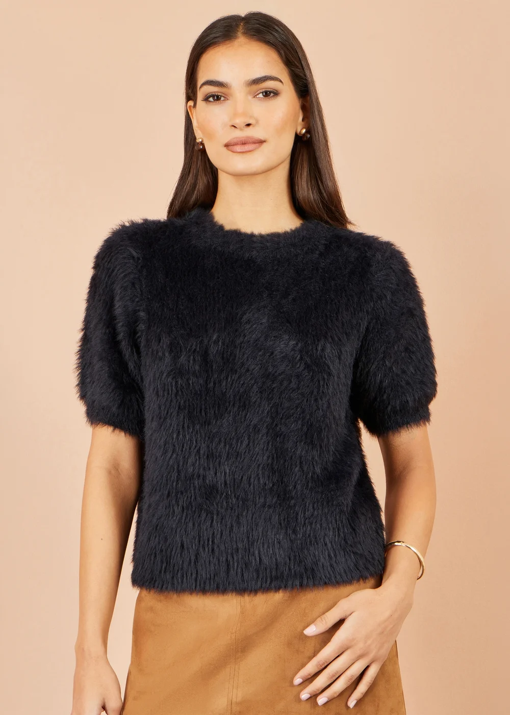 Yumi Black Fluffy Short Sleeve Jumper - S Image 1