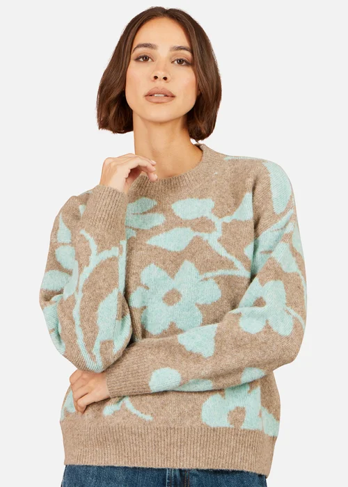Yumi Brown Floral Intarsia Relaxed Fit Jumper - L Image 1