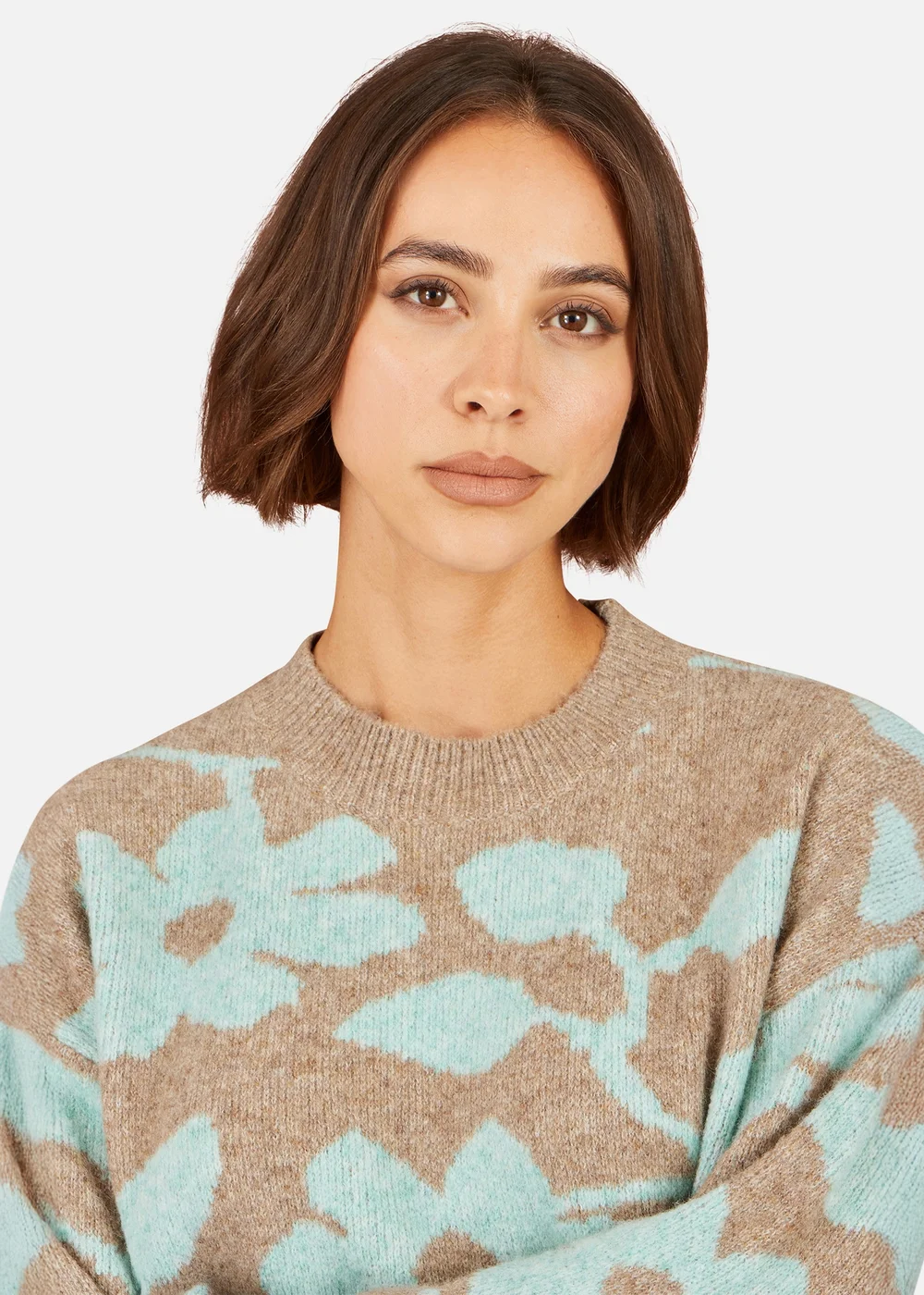 Yumi Brown Floral Intarsia Relaxed Fit Jumper - L Image 4