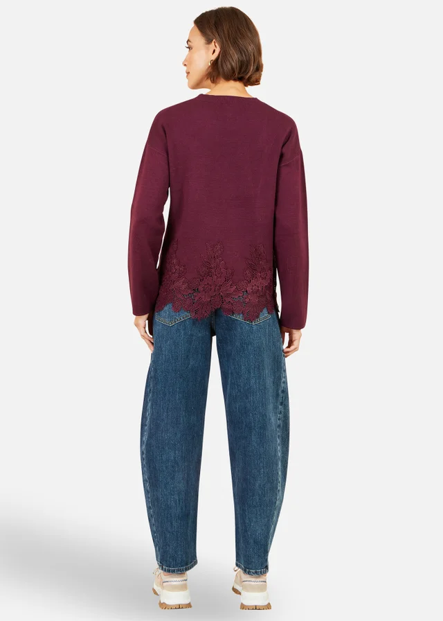 Yumi Burgundy Relaxed Jumper With Lace Trim