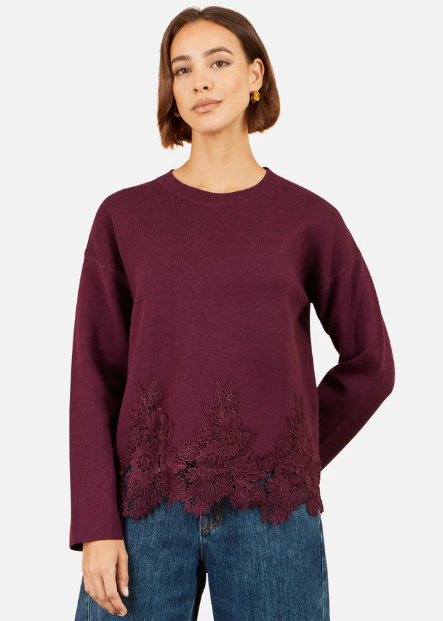 Yumi Burgundy Relaxed Jumper With Lace Trim