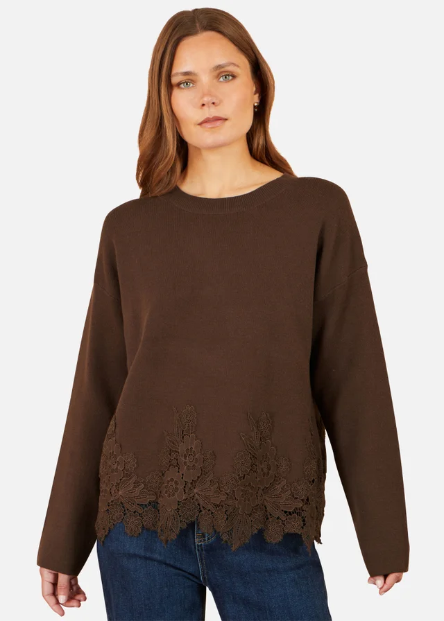 Yumi Brown Relaxed Jumper With Lace Trim