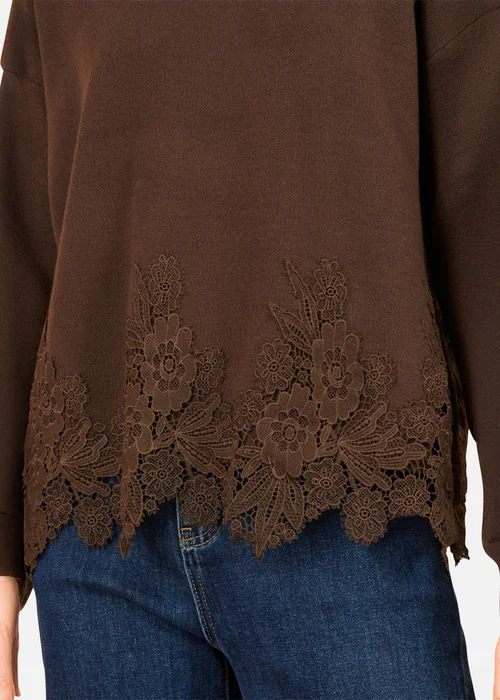 Yumi Brown Relaxed Jumper With Lace Trim - M Image 3