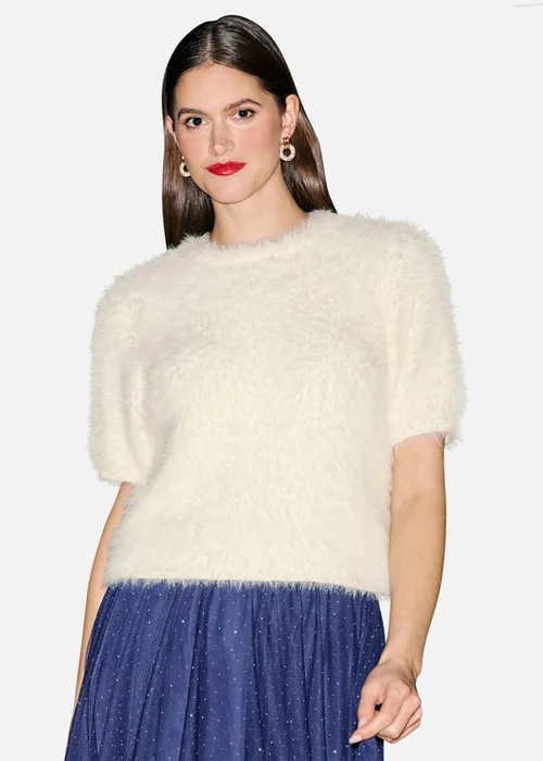 Yumi Ivory Fluffy Short Sleeve Jumper - L Image 2