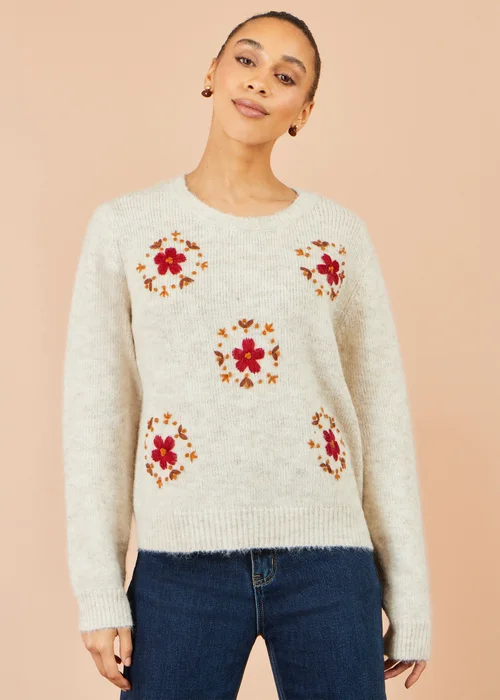 Yumi Ivory Patch Floral Embroidered Relaxed Jumper - M Image 1