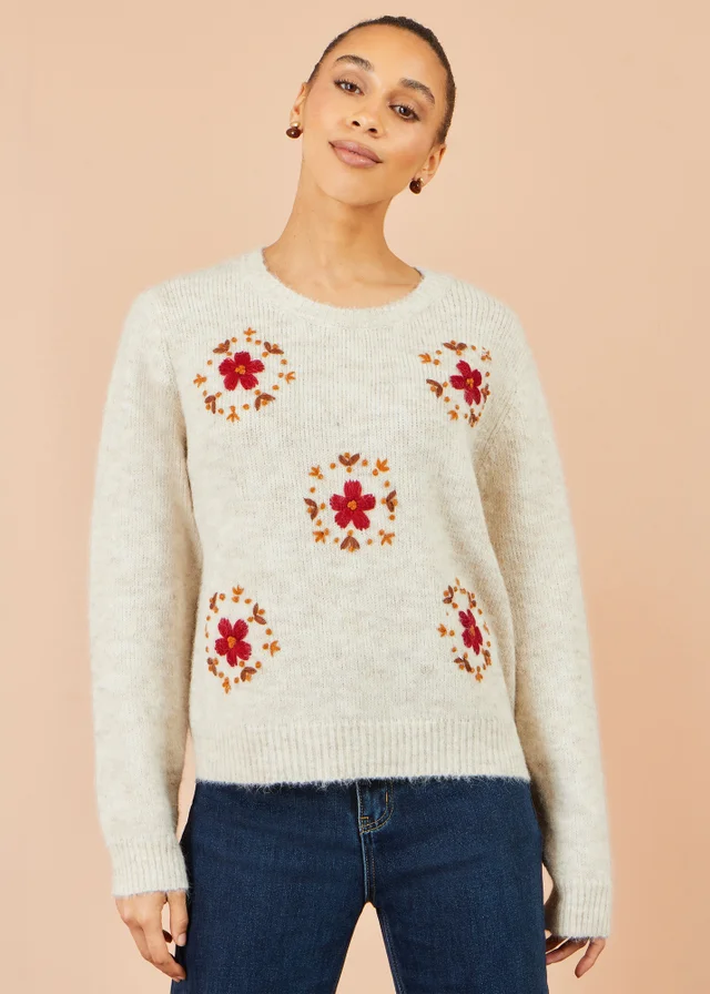 Yumi Ivory Patch Floral Embroidered Relaxed Jumper