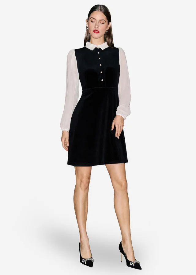 Yumi Black Velvet Mini Dress With Contrast Sleeves