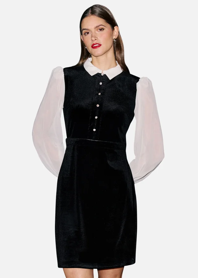 Yumi Black Velvet Mini Dress With Contrast Sleeves