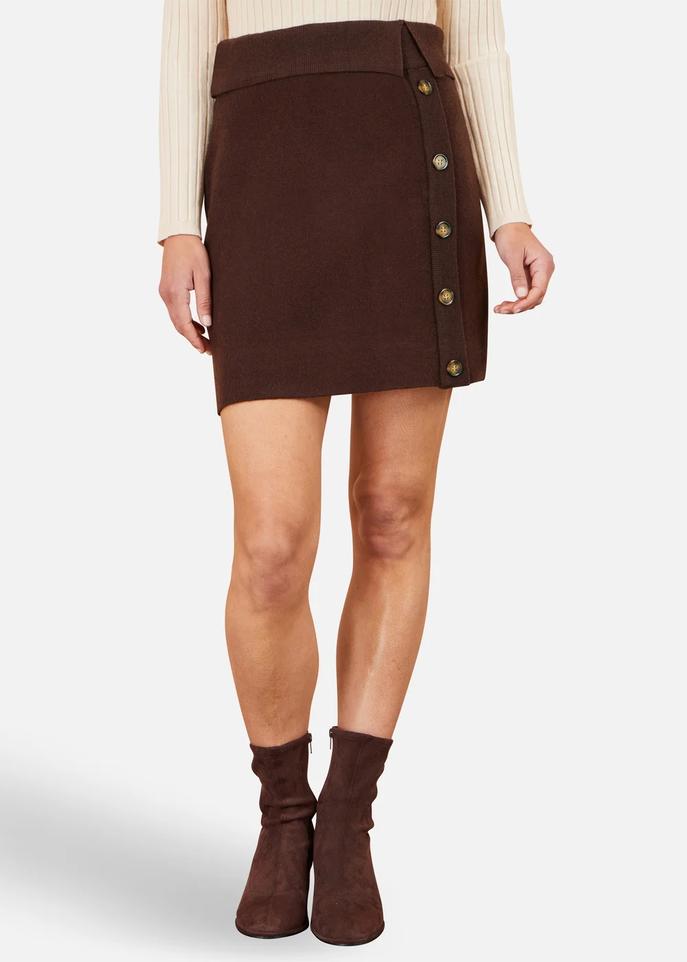 Yumi Brown Knitted Mini Skirt With Buttons - M Image 1