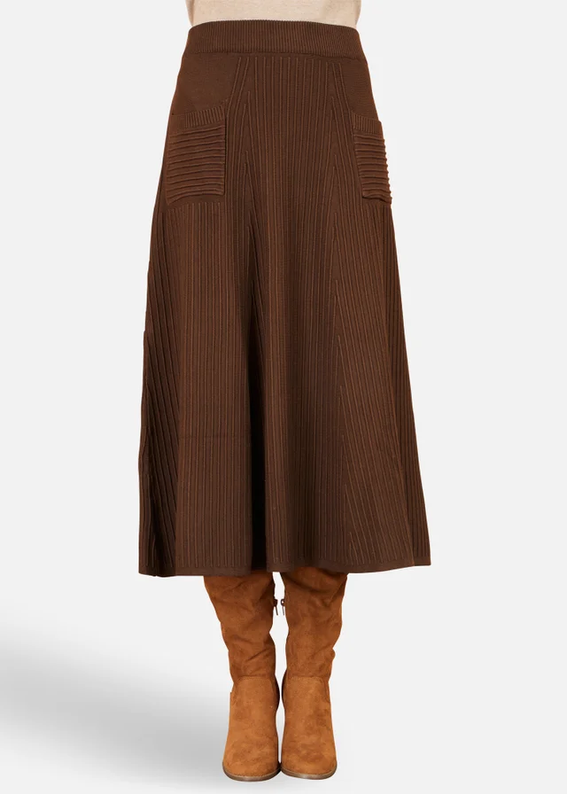 Yumi Brown Knitted Midi Skirt With Pockets