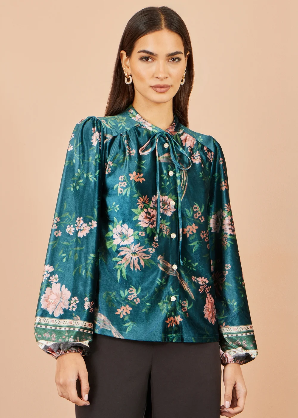 Yumi Green Floral Velvet Blouse With Tie Neckline - 16 Image 1