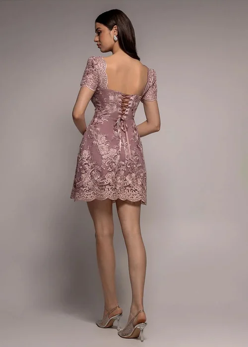 Goddiva Pink Scallop Edge Corset Back Structured Lace Mini Dress - 8 Image 2