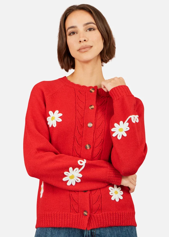 Yumi Red Daisy Stitch Cardigan