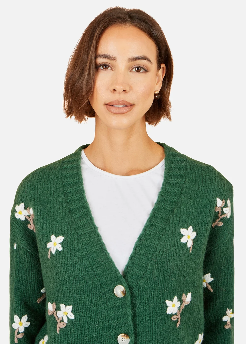 Yumi Green Hand Embroidered Chunky Knitted Cardigan - S Image 3