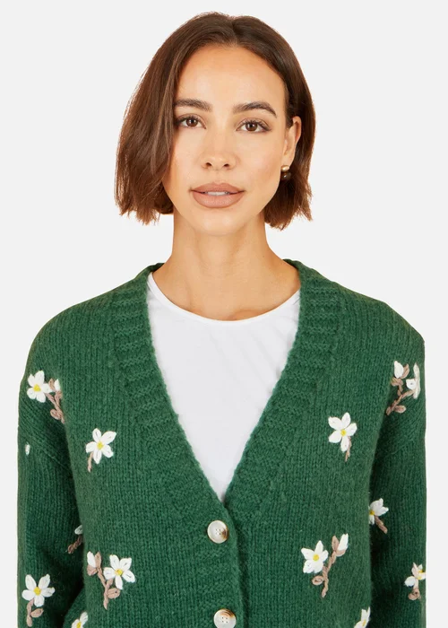 Yumi Green Hand Embroidered Chunky Knitted Cardigan - S Image 3