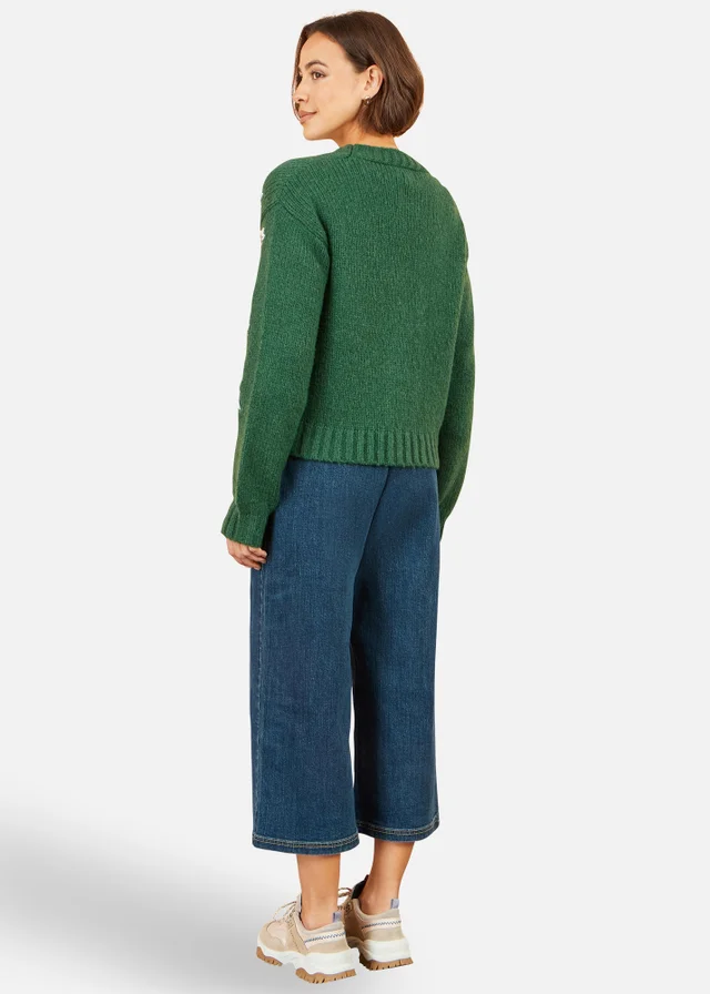 Yumi Green Hand Embroidered Chunky Knitted Cardigan
