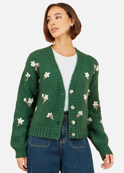 Yumi Green Hand Embroidered Chunky Knitted Cardigan - S Image 1