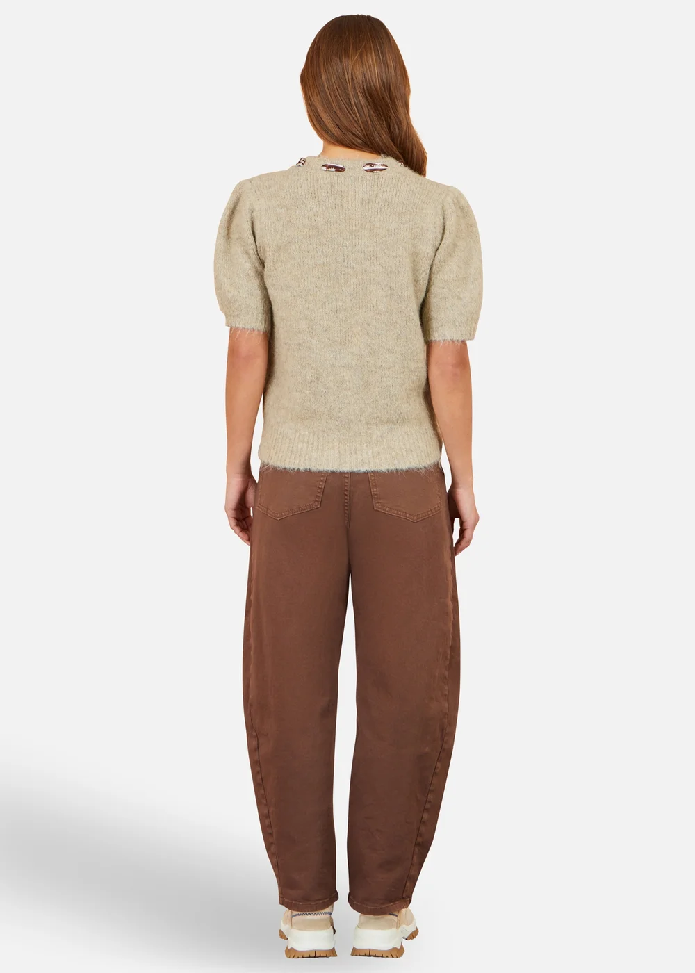 Yumi Beige Fluffy Jumper With Scarf Detail - M Image 3