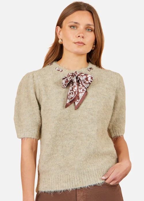 Yumi Beige Fluffy Jumper With Scarf Detail - M Image 1
