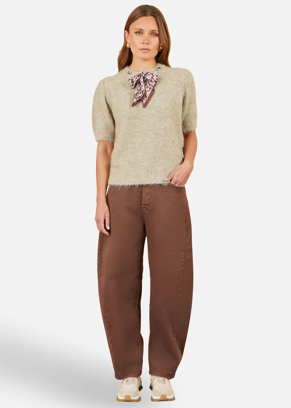 Yumi Beige Fluffy Jumper With Scarf Detail - M Image 2