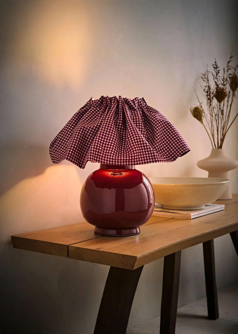 ValueLights Arabella Burgundy Ceramic Table Lamp With Gingham Pleated Shade and Warm White Bulb - One Size Image 2