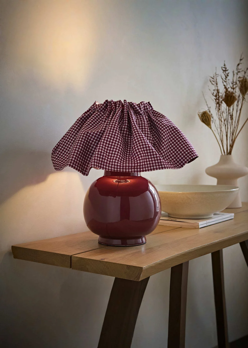 ValueLights Arabella Burgundy Ceramic Table Lamp With Gingham Pleated Shade and Warm White Bulb - One Size Image 1