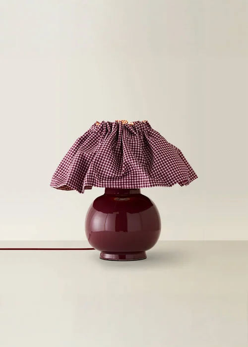 ValueLights Arabella Burgundy Ceramic Table Lamp With Gingham Pleated Shade and Warm White Bulb - One Size Image 4