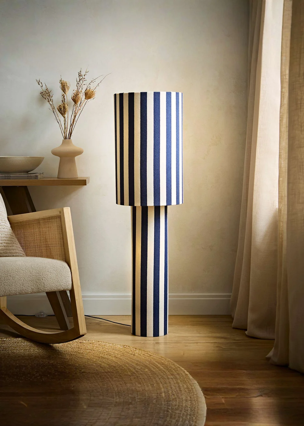 ValueLights Florence Navy Deckchair Stripe Linen Midi Floor Lamp With Warm White Bulb - One Size Image 1