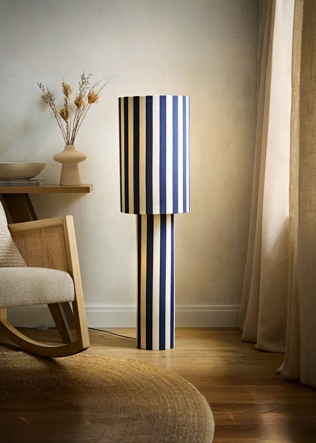 ValueLights Florence Navy Deckchair Stripe Linen Midi Floor Lamp With Warm White Bulb