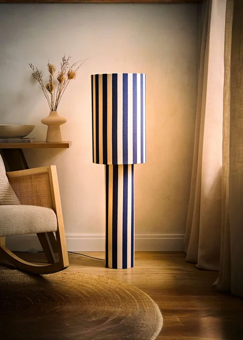ValueLights Florence Navy Deckchair Stripe Linen Midi Floor Lamp With Warm White Bulb - One Size Image 2