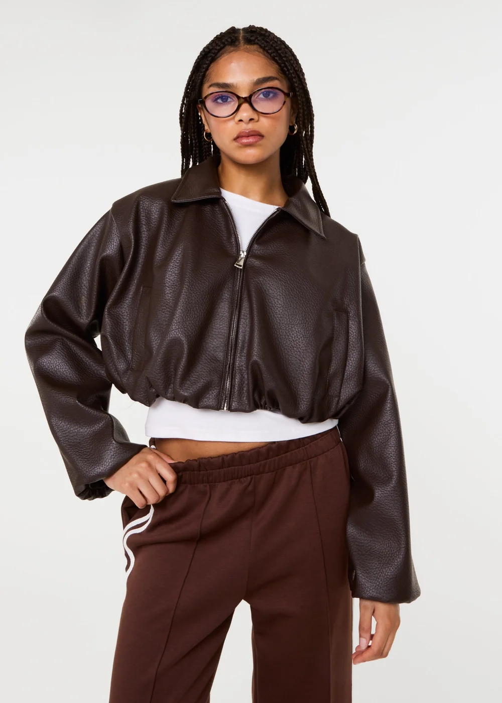 Pink Vanilla Brown Faux Leather Puffball Jacket - M/L Image 1