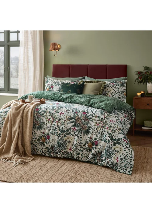 Wylder Winter Foliage Super King Reversible Brushed Cotton Duvet Sets Pine Green - Single Image 1