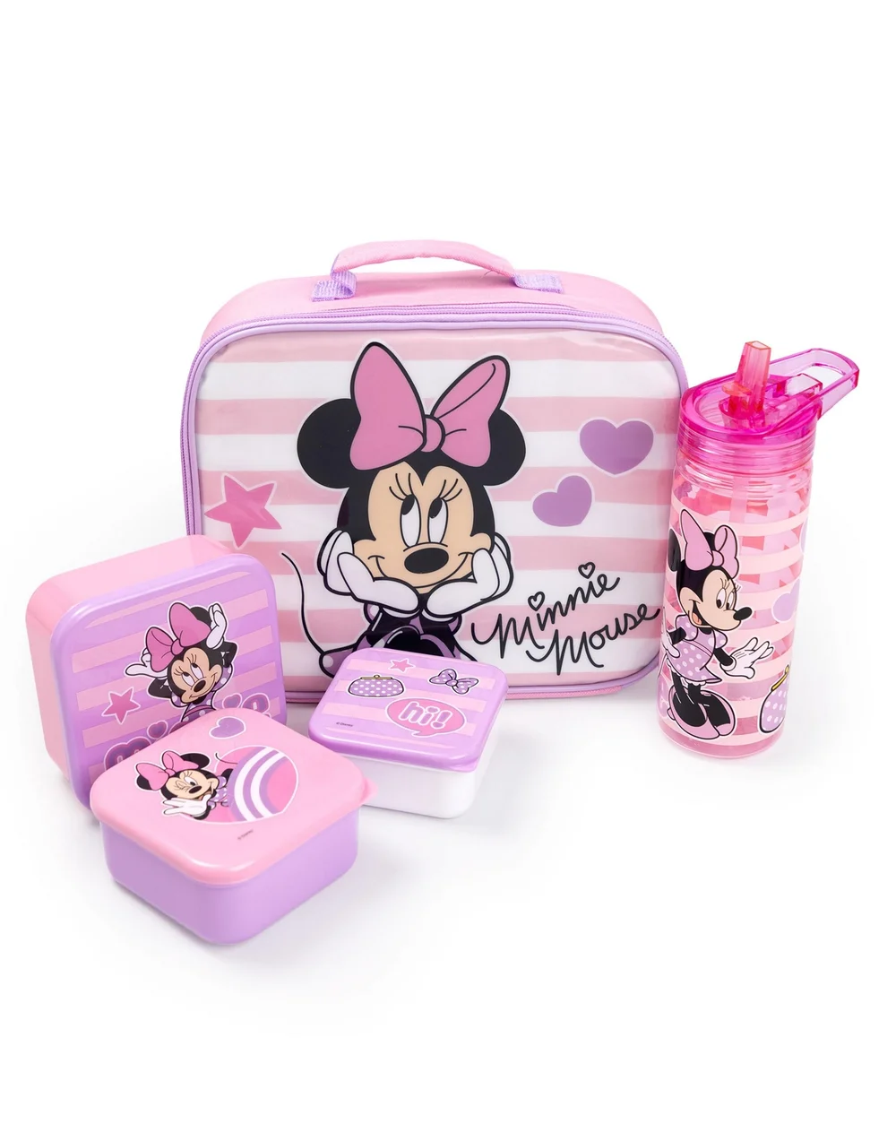 Vanilla Underground Disney Minnie Mouse Girls Pink Hearts & Stars Lunch Bag Bottle & 3 Snack Pot (One Size) - One Size Image 1