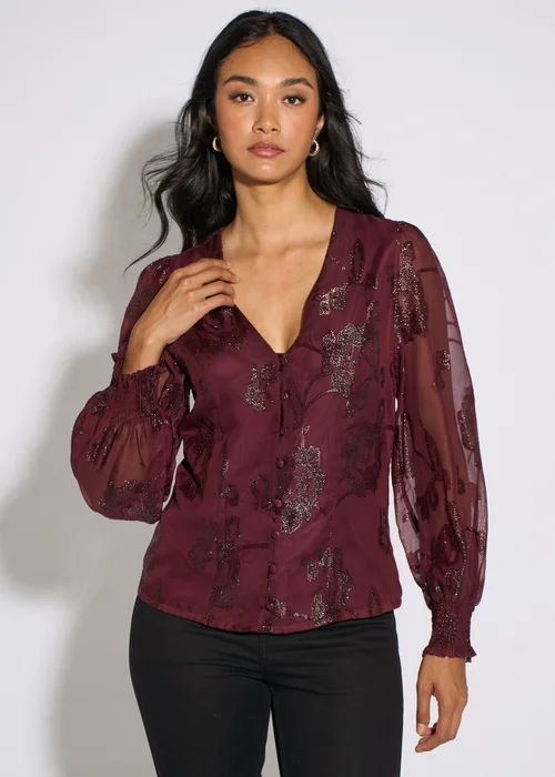 Gini London Plum Floral Lurex Jacquard Blouse - 12 Image 3