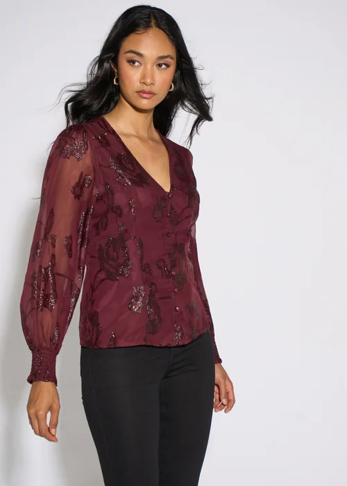 Gini London Plum Floral Lurex Jacquard Blouse - 12 Image 4