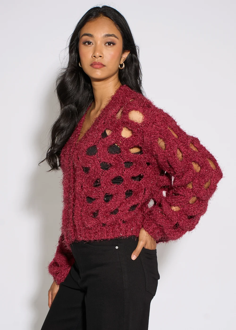 Gini London Cerise Hollow Chunky Knit Cardigan - M/L Image 4