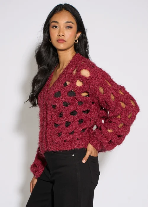 Gini London Cerise Hollow Chunky Knit Cardigan - M/L Image 4
