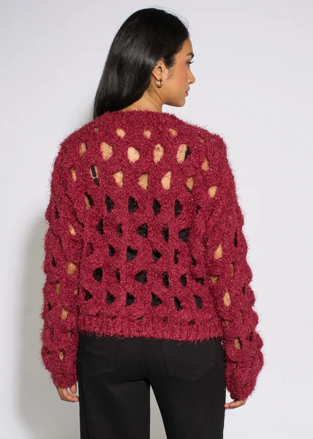 Gini London Cerise Hollow Chunky Knit Cardigan