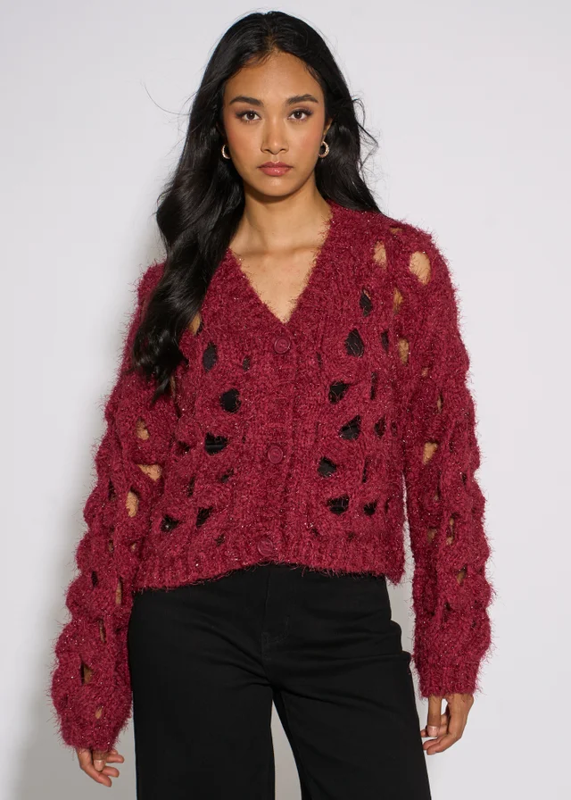 Gini London Cerise Hollow Chunky Knit Cardigan